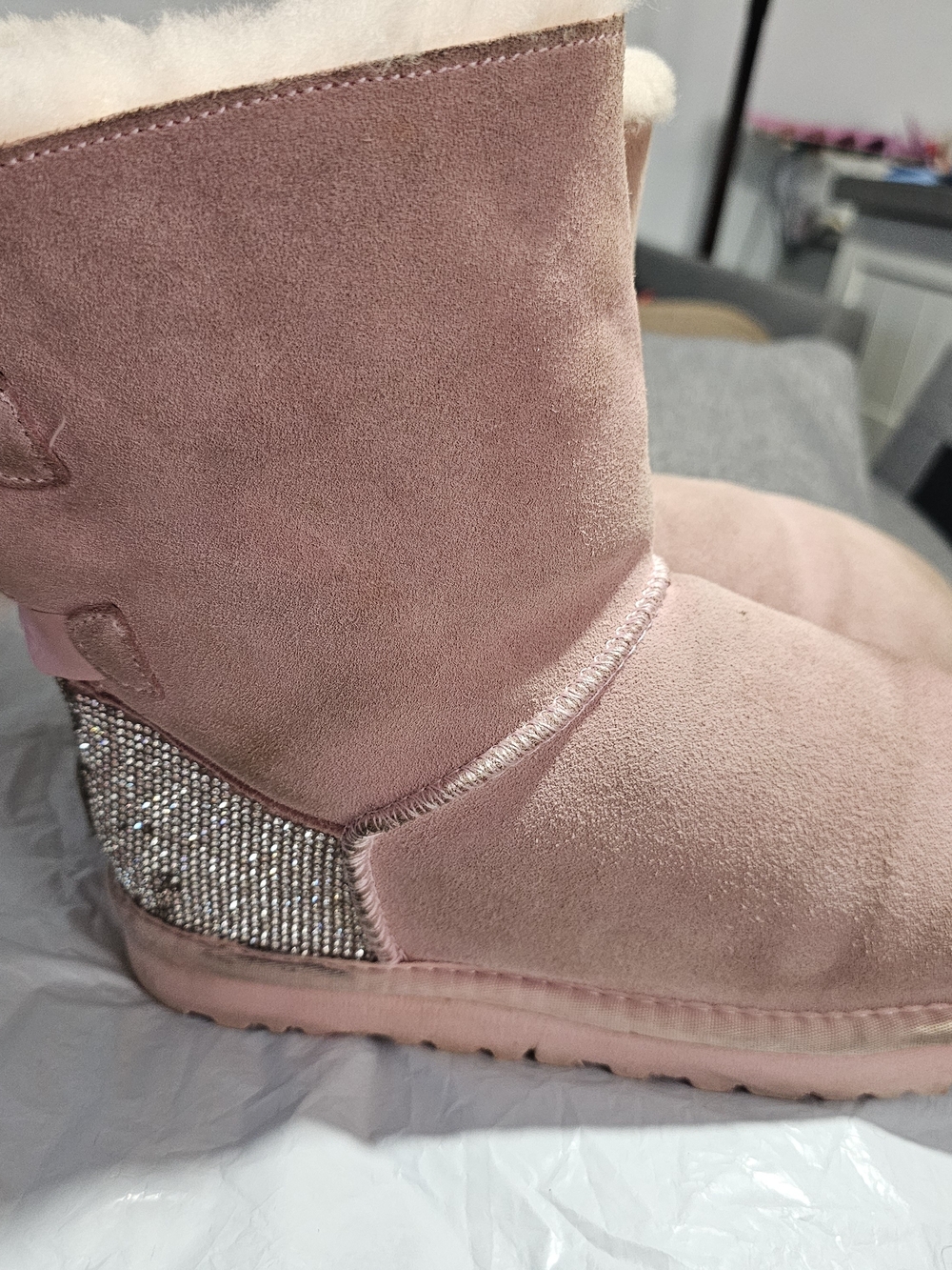 UGG Pink Suede Mid-Calf Boots with Crystal Heel Accent